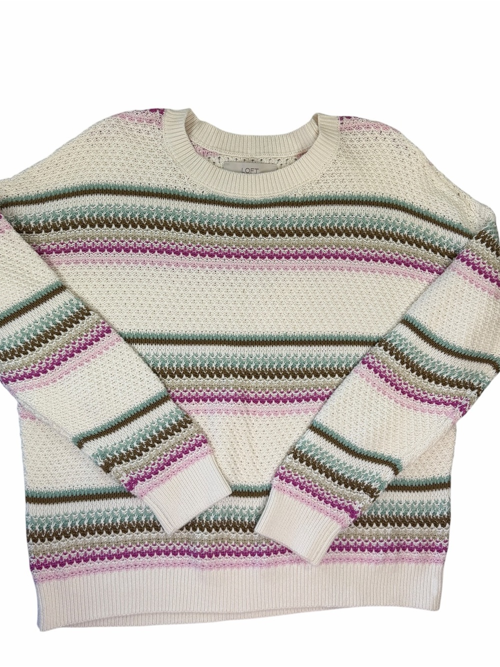 LOFT Cream Crewneck Sweater with Pink & Green Stripes